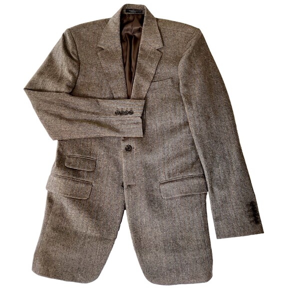 StudioSuits Wool Tweed Sport Coat Herringbone Brown Ticket Pocket 38 Academia - Picture 16 of 16